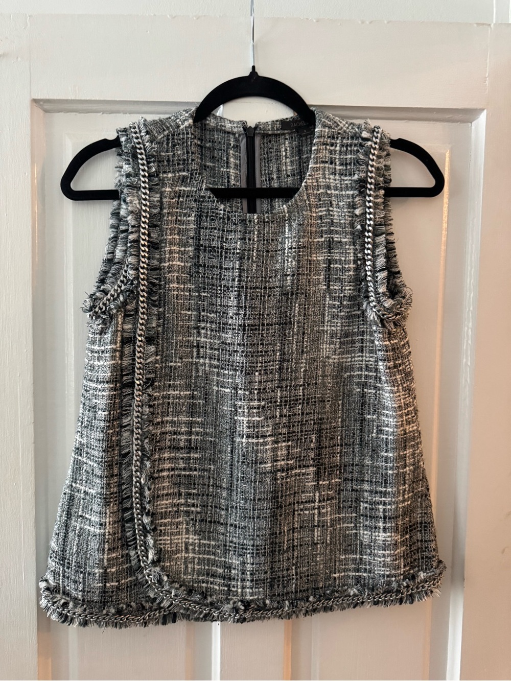 Rachel Zoe Gray and Black Tweed Fringe Shell Top